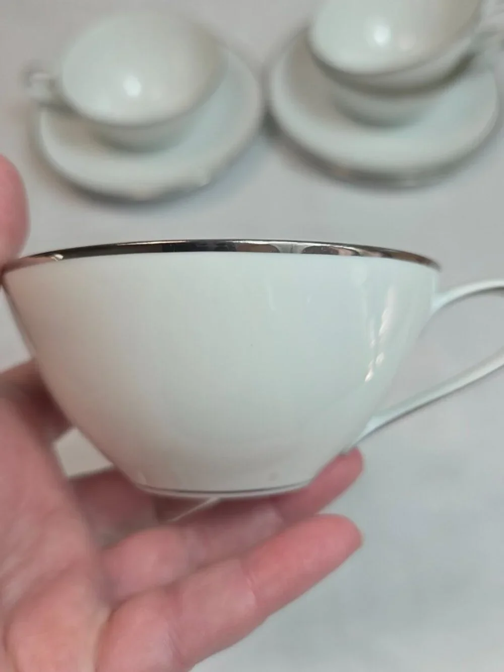 FOUR Noritake Colony Cup & Saucer Sets White Coupe Shape Platinum Trim